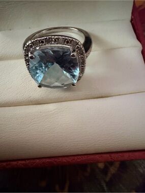 QVC Light Blue topaz Cushion-Cut with cz halo Gemstone Ring in  925 Silver